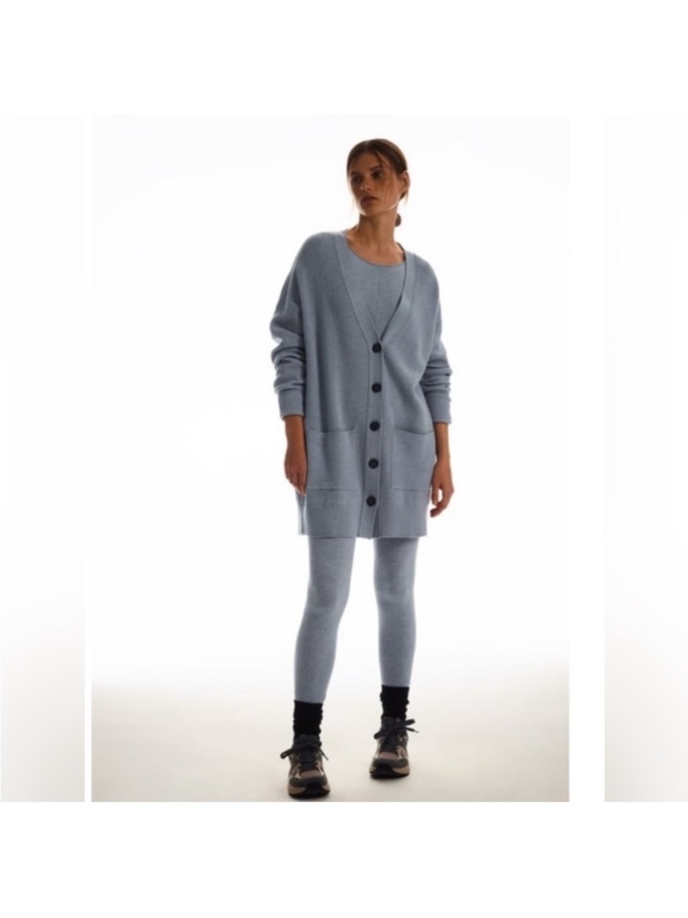 Zara Light Gray Longline V-Neck Button Cardigan with Full Body Catsuit Size S